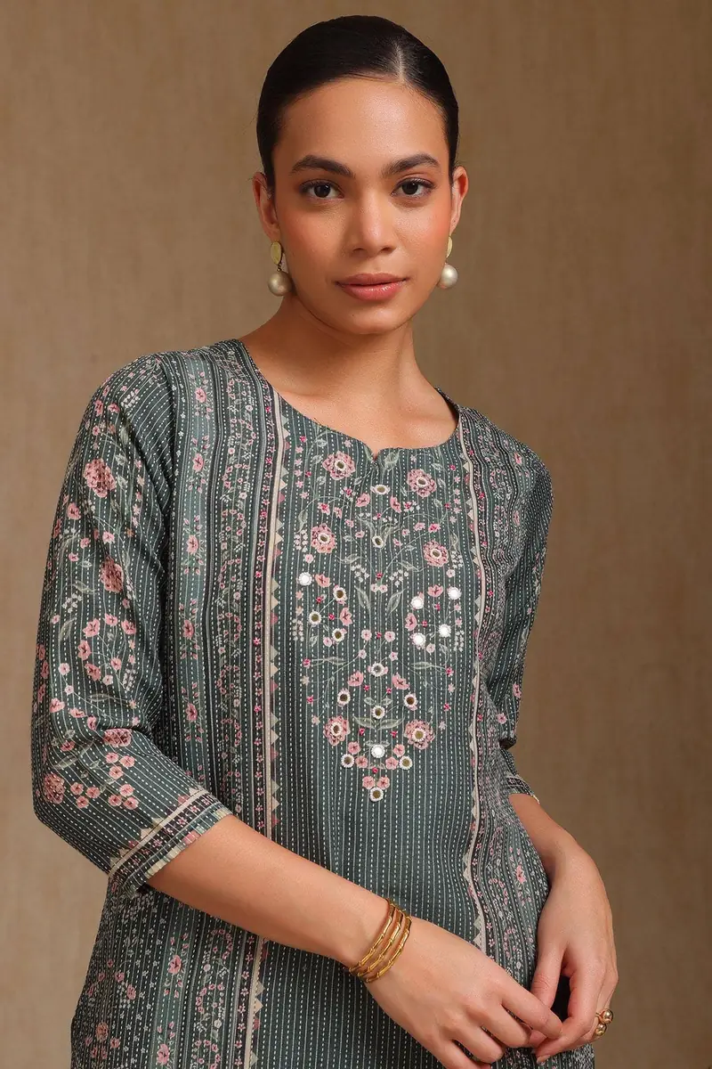 Olive Rayon Botanical Printed Kurta With Mirror Work