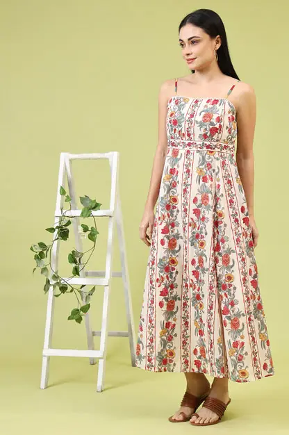 Off-White Vibrant Floral Printed Pure Cotton Flared Spaghetti Dress