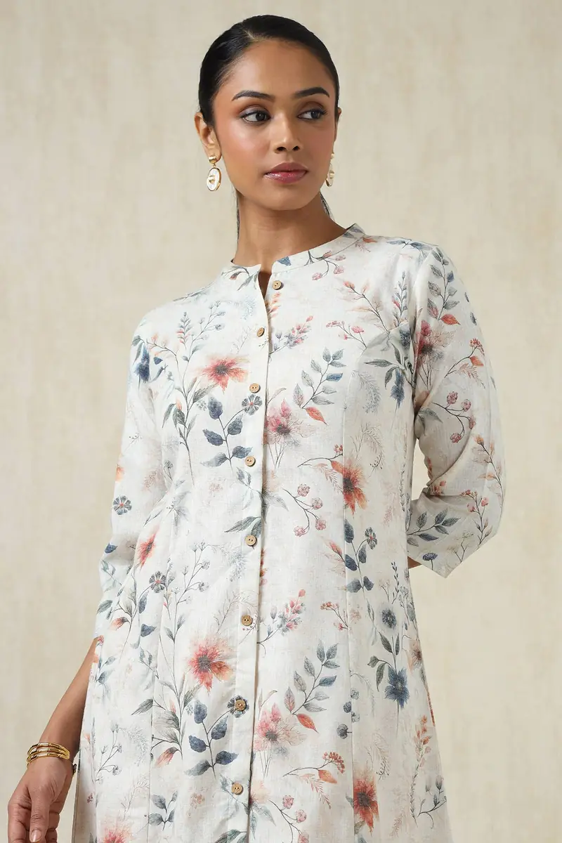 Beige Linen Botanical Print Kurta