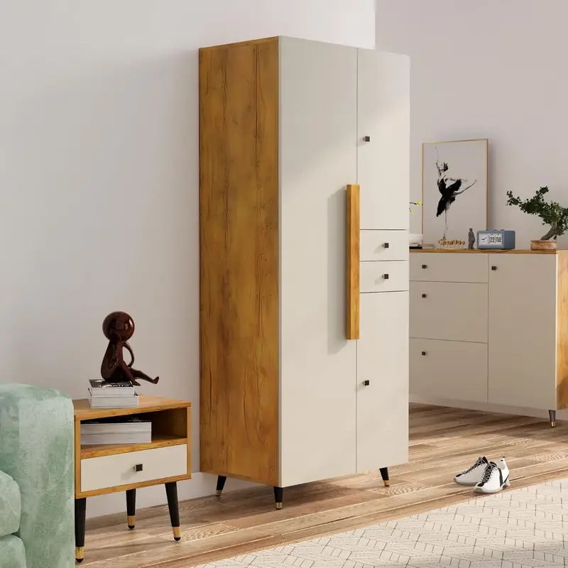Bniture Wooden Almirah for Clothes, Door for Bedroom, 2 Door Wardrobe with Drawer & Hanging Space (45D x 75W x 180H CM) | 3 Year Warranty (Giant Wood & Frosty White)