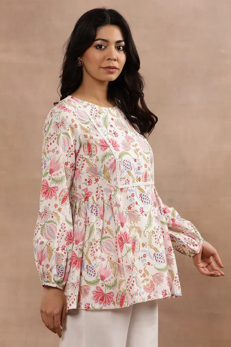 White Floral Printed Pure Cotton Top And Parallel Pants Set