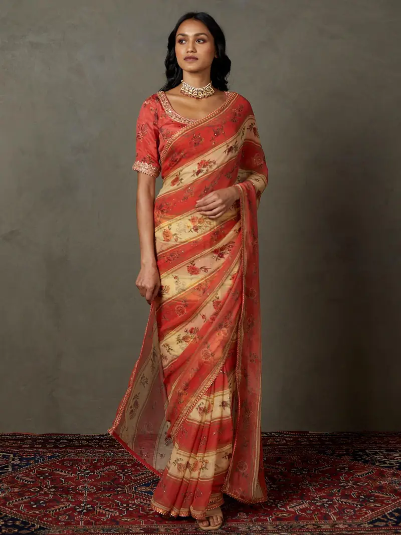 Peach & Multi Dahlia Saree With Unstitched Blouse