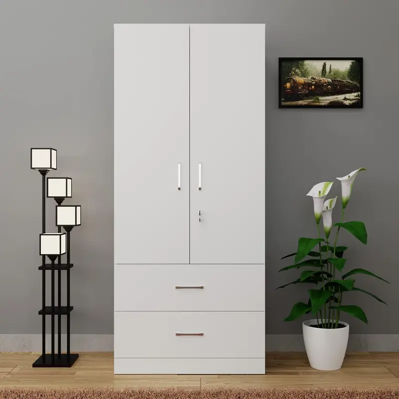 VIKI Wardrobe | Wooden Almirah for Clothes,Door for Bedroom, 2 Door Wardrobe with Drawer & Hanging Space (Frosty White - 40D x 80W x 180H) | 1 Year Warranty | Free Assembly