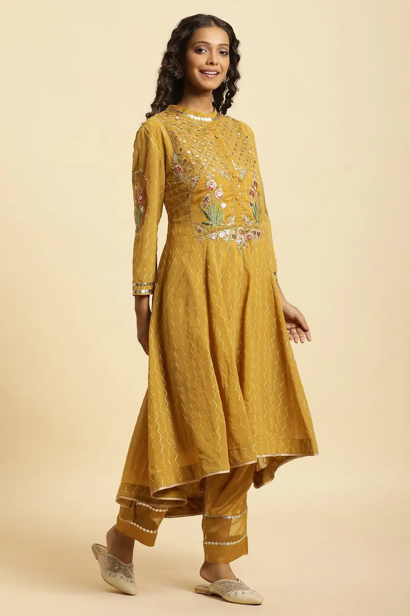 Yellow Embroidered Kurta, Pants And Dupatta Set