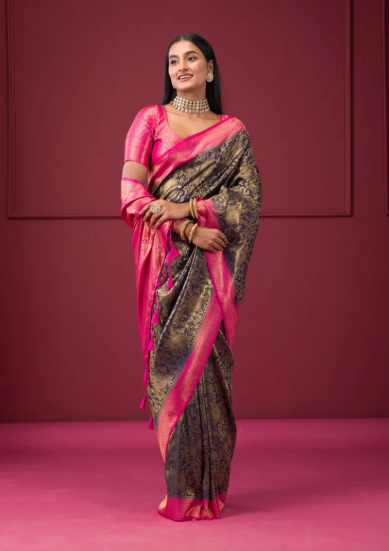 Navy Blue Zariwork Soft Silk Saree