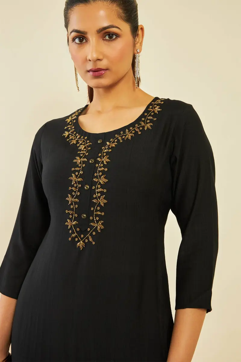 Black Viscose Blend Straight Kurta with Floral Cutdana Work