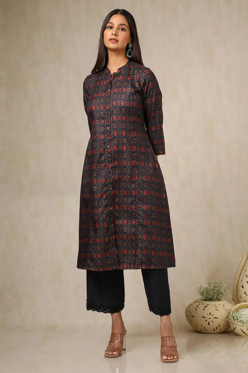 Navy Blue Linen Blend Ikat Print Kurta