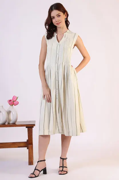 Off -White Striped Cotton Blend Flared Western Dress