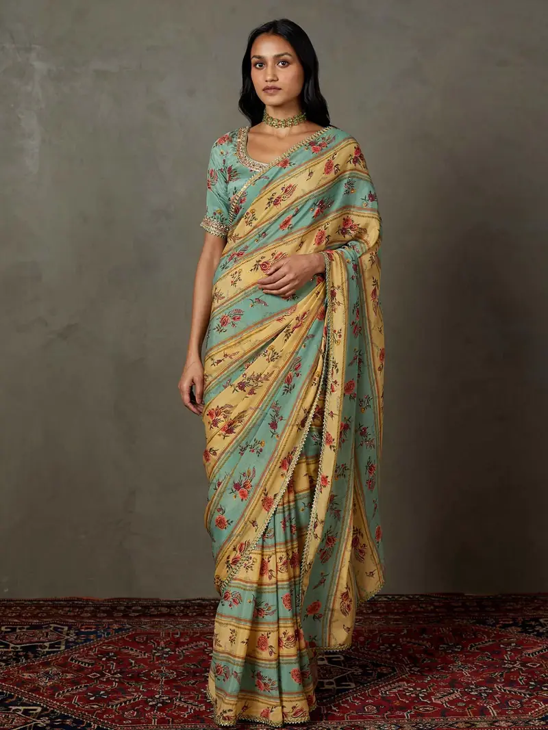 Light Teal Dahlia Saree With Unstitched Blouse