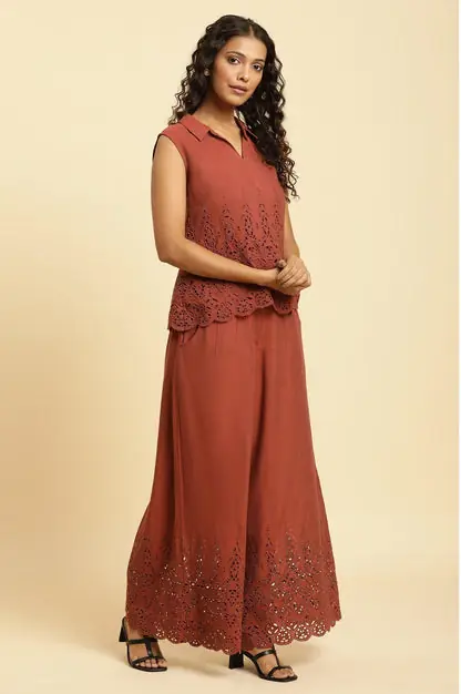 Dark Red Cotton Schiffli Top And Pants Co-Ord Set