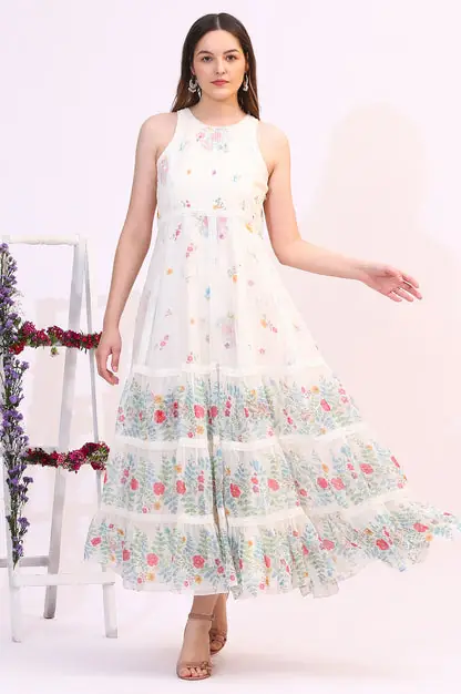 White Floral Printed Chiffon Tiered Flared Dress with Printed Cape